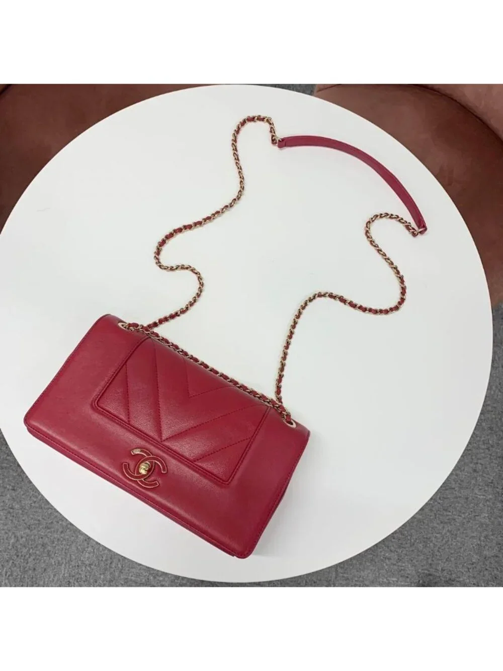 Chanel V Stitch Lambskin Turnlock Shoulder Bag